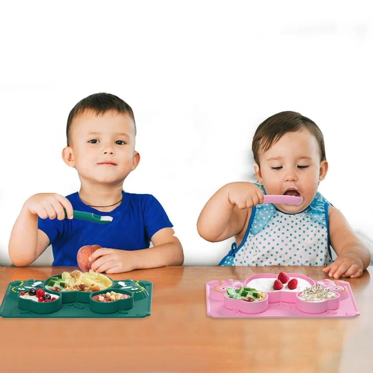 

HOT Dinosaur Non Slip Suction BPA Free Feeding Divided Silicone Food Plate Baby Silicone Plate Set, 3color