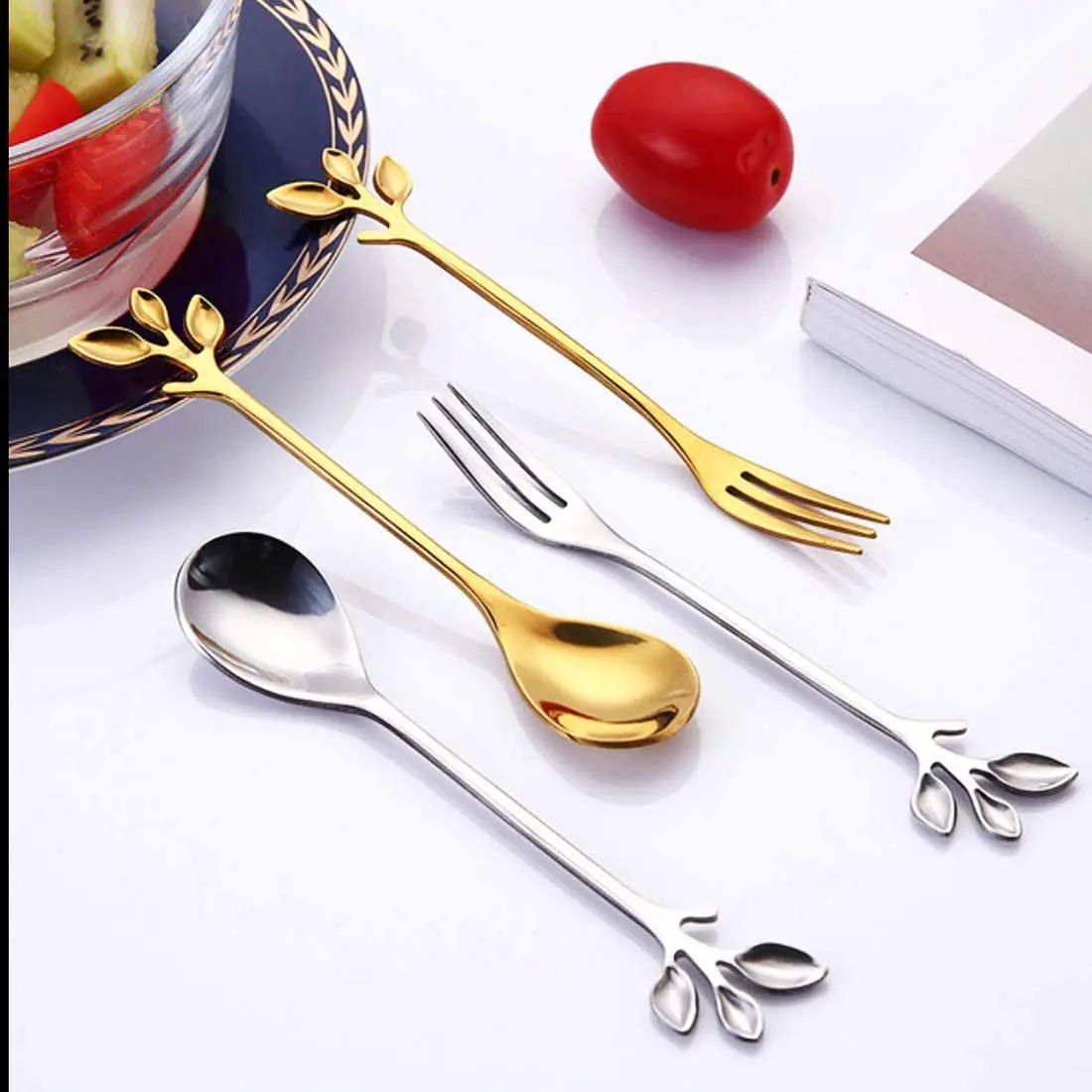 

Stainless Steel Cutlery Wedding Party Serving Creative Tableware Fruit Ice Cream Dessert Leaf Tea Cake Coffee Fork Spoon, Silver, gold, customized color