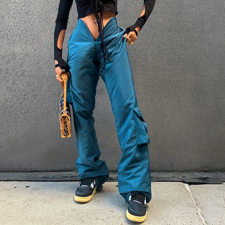 

2021 Solid Fashion Stylish Sexy Streetwear V-Waist Pocket Loose Women Bell Bottoms Flared Cargo Pants Trousers For Ladies-YS, Blue