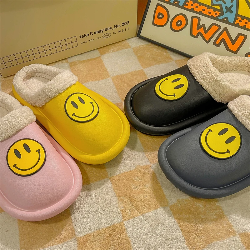 

Wholesale Smile Face Pattern Slippers Women Winter Indoor Flat Warm House Slides Cute Smiley Slippers, Black blue red yellow grey cheetah