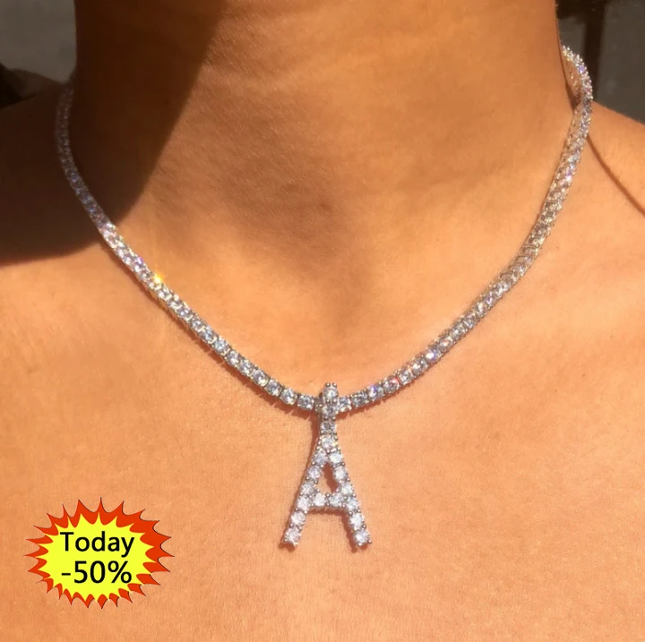 

Wholesale Iced Cuban Letter Pendant Diamond Tennis Chain Women's Chocker Letter Necklace Jewelry \"a To Z\" Initial Necklace