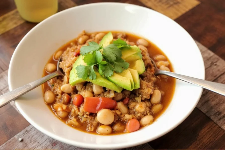Finished chicken and white bean chili served in white bowl with avocado and cilantro garnish