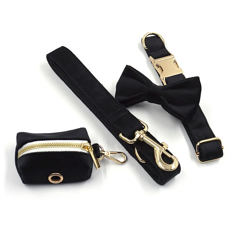 

Black velvet gold buckle pet collar leash bow poop bag 4 pieces set pet supplies, Picture shows