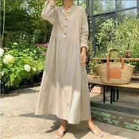 

Womens Long Sleeve Buttons Kaftan Dress Plus Size Cotton Linen Long Dress