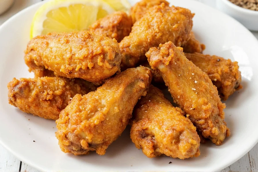 Crispy golden lemon pepper chicken wings on white plate with lemon slices and fresh cracked pepper