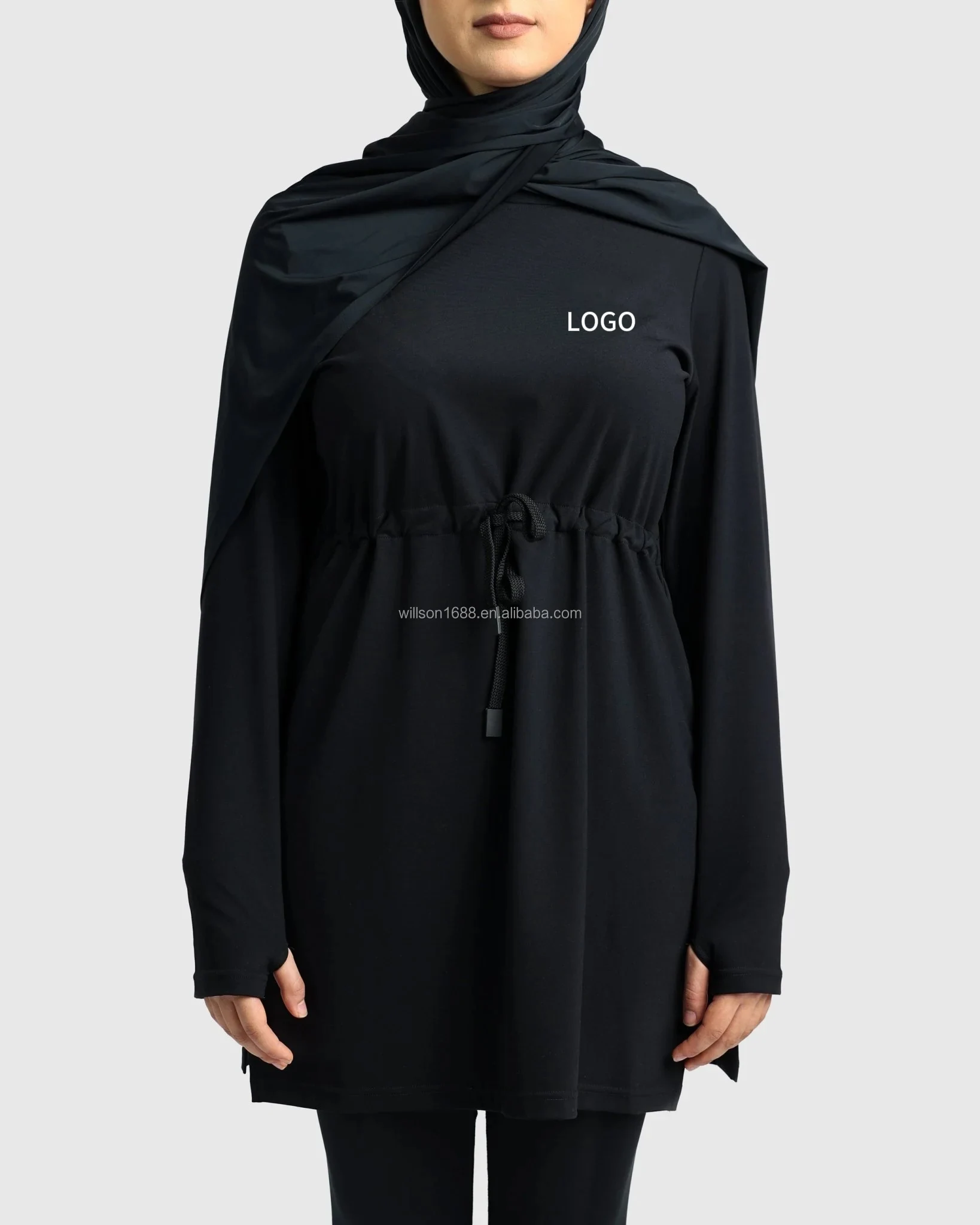 Modest Active Top with Drawstring Thumbholes Lightweight Breathable Polyester Fabric Plus Size Length Cover Gluts