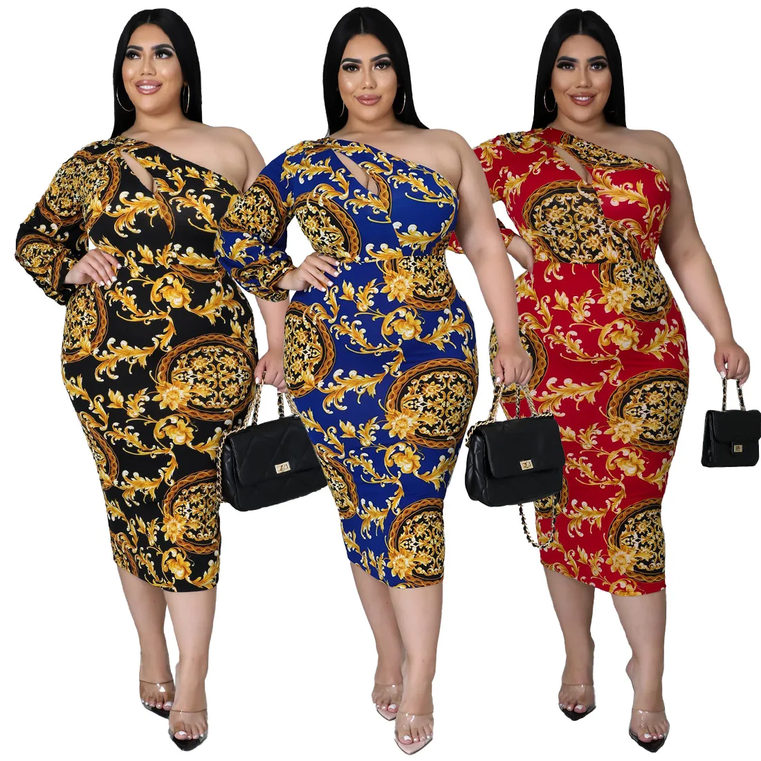 

New Fashion Retro Skinny Plus Size Dress Women Hollow One-Shoulder Floral Print Single Sleeve Long Dress Sexy Club Dresses, Black,red,blue