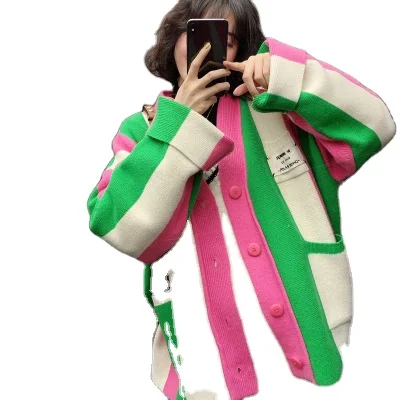 

Spring Autumn Fashion Big Size long sleeve Pink and Green Stripe High Quality Heavy Weight Weave Knit Coat Pretty Girl Sweater, As picture show
