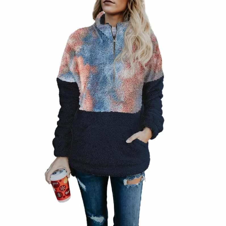 

2020 New Fashion Tie Dye Zipper Female Winter Fleece Sweatshirt Women