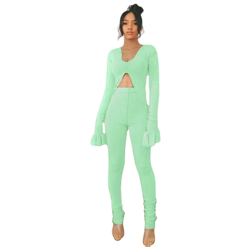 

yoga wear long sleeve ruffle stacked pants set Wholesale new fall fashion women workout sets women spring sets