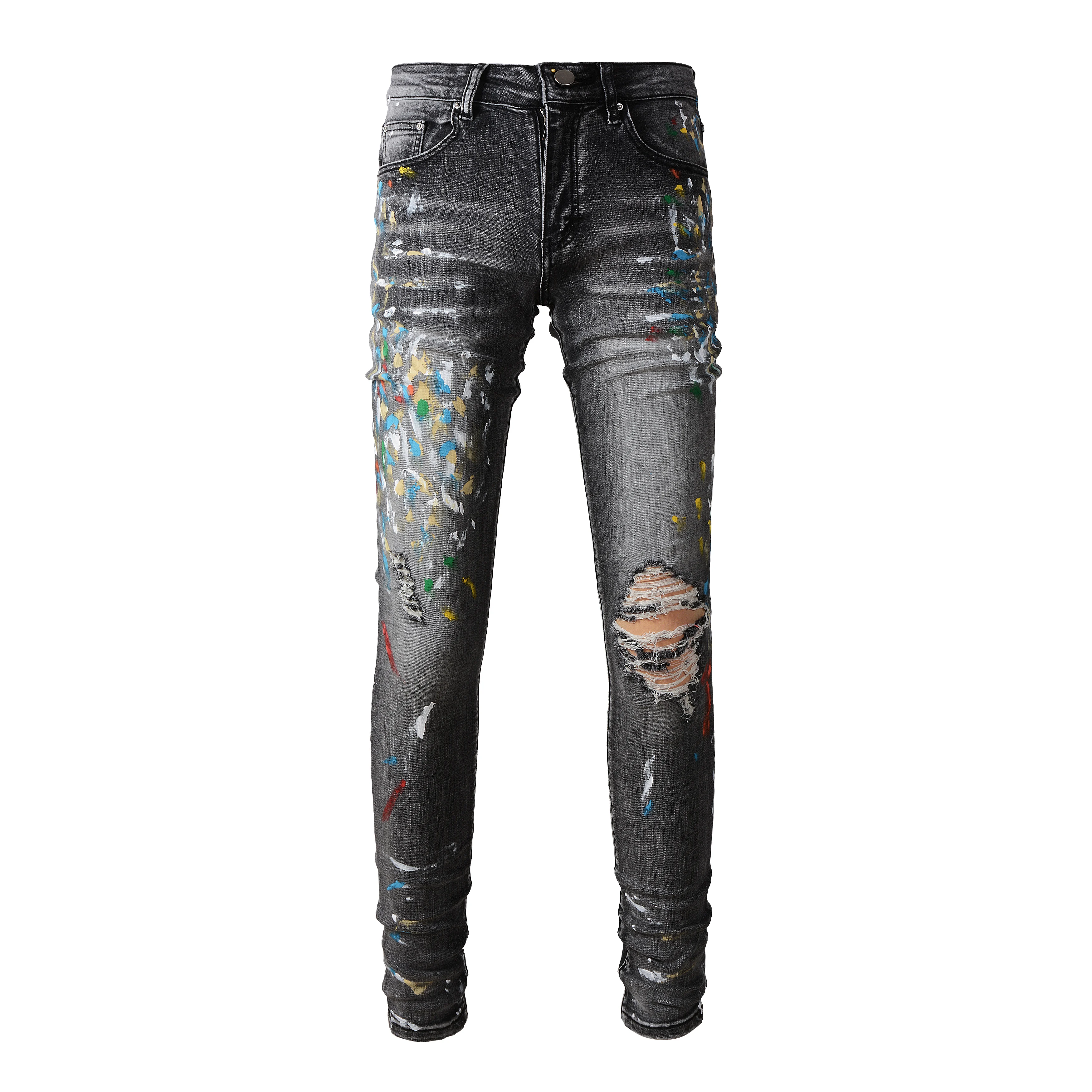 

Rts For 1303 Drop shipping black hip pop clothing stretch elastic ripped patch paint printing jeans