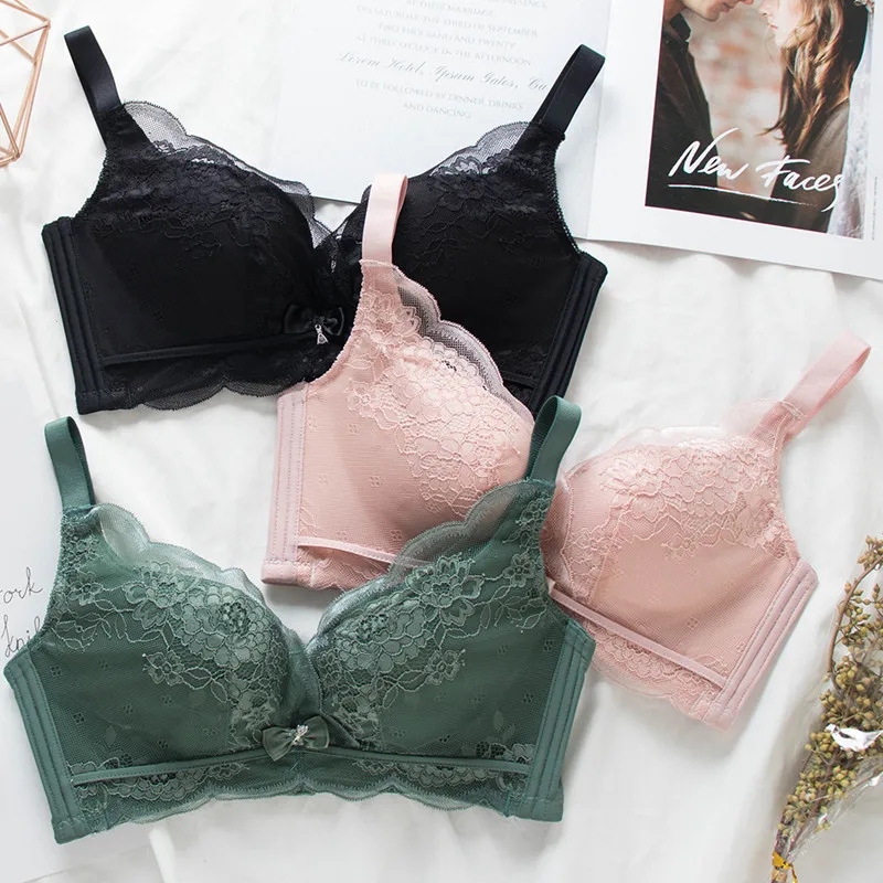 

Sexy lace women bra push up comfortable breathable 3/4 cup adjustable gathered deep v bralette lingerie, Black