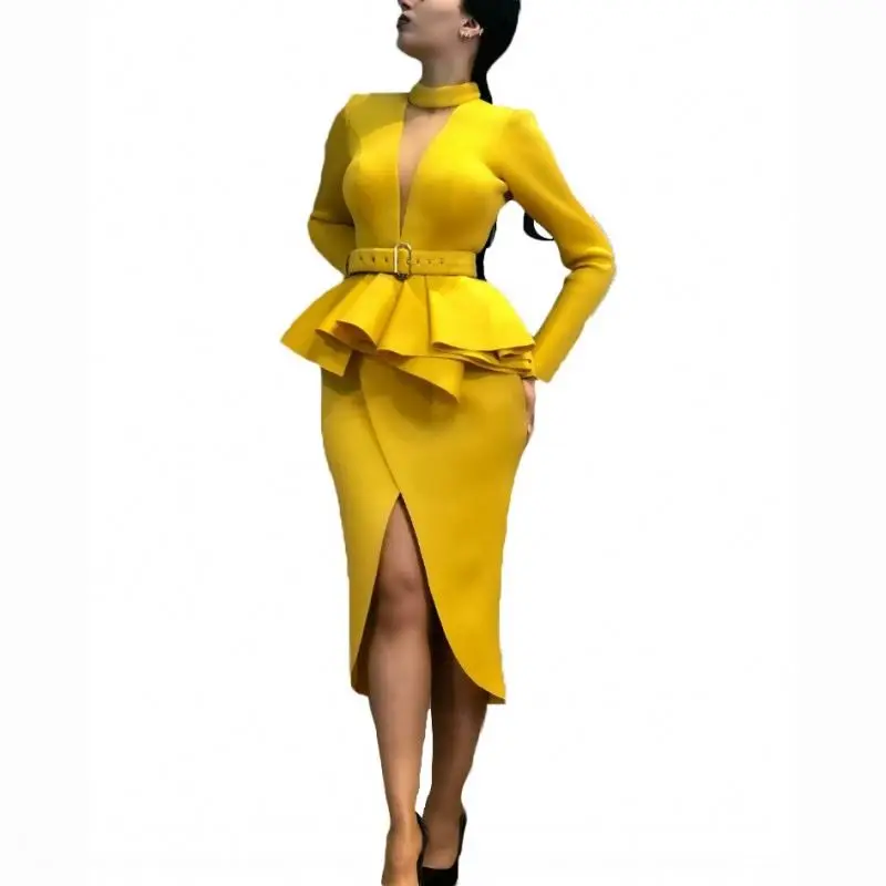 Vintage Elegant Dresses Wear To Work With Belt Mesh Vestidos Business Party Bodycon Office Women Dress