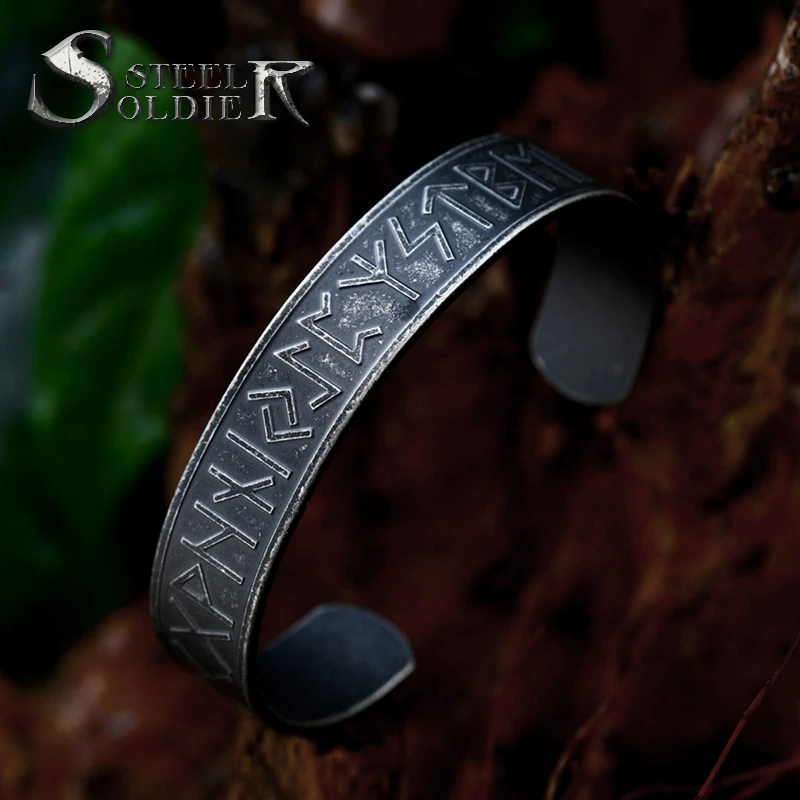 

SSG-069 New Special Design Viking Runes Bracelet 316L Stainless Steel Men's Cuff Bracelet Retro Simple Jewelry