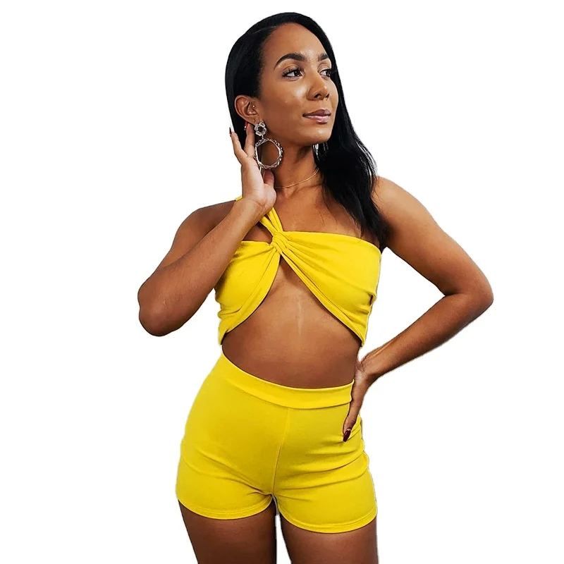 

Fascinating solid crop tops two piece short sets women 2021 2 piece short set