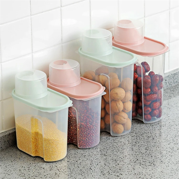 

Large Kitchen Storage Nordic Dry Food Box Plastic Sealed Waterproof Grain Tank, Green pink blue khaki