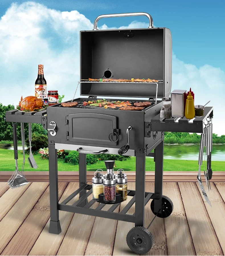 

IT-7010 Outdoor Commercial Charcoal Rotisserie Rotating BBQ Grill cast iron barbecue bbq charcoal smokers grill, Black