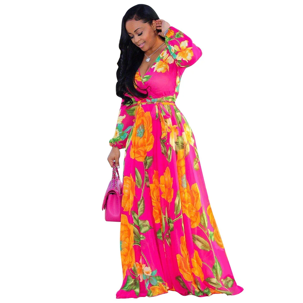 

Summer Fashion Print Floral Dress Beach Evening Party Dress Large Pendulum V Neck Long Sleeve Ruffle Holiday Women Chiffon Dress, Red/royalblue/blue/rose madder/dark blue/white/yellow/purple/green