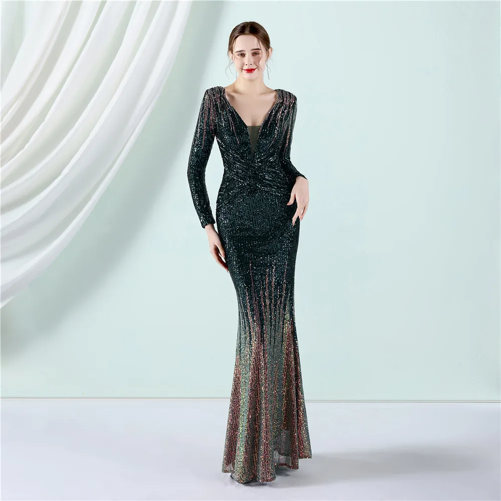 19037#  Spring/summer New Fashion Sequin Toasts Gradual Beaded Long Sleeve Evening Dress