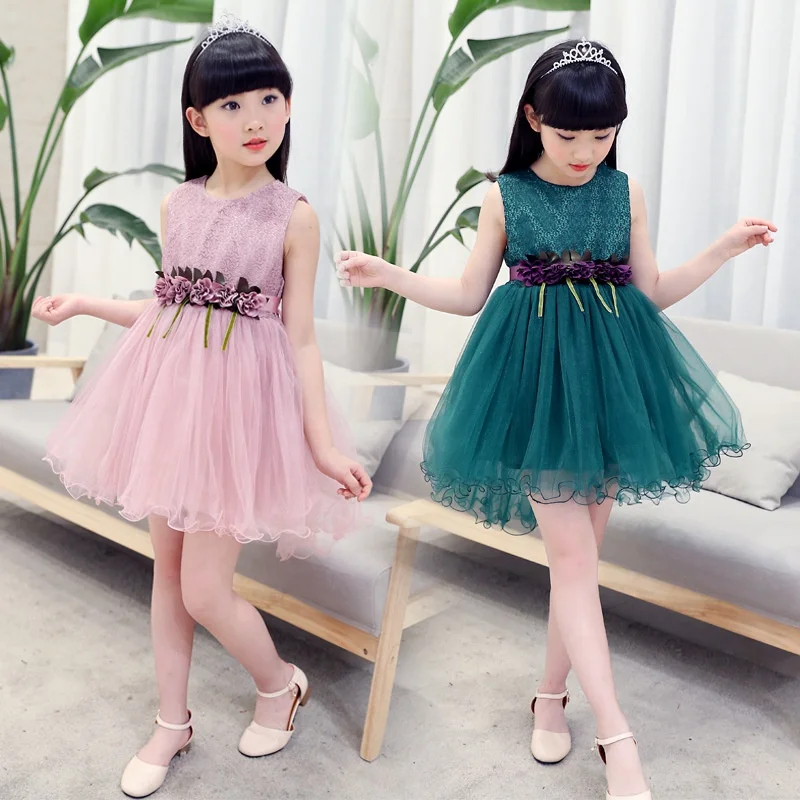 

B60776A Girl summer dress 2019 new Korean version of gauze skirt chuntong foreign style princess dress, Pink/green