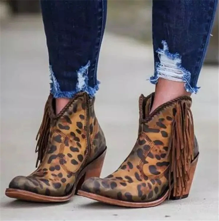 

200908 New European and American chunky heel pointed ankle tassel boots for female leopard print women's boots fashion shoes