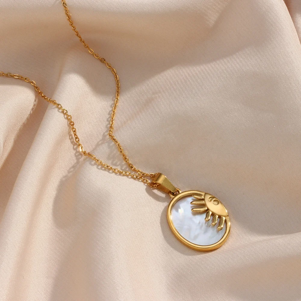 

Vintage Shell Pendant Necklace Engraved Sun Jewelry Gold Plated Stainless Steel Jewelry