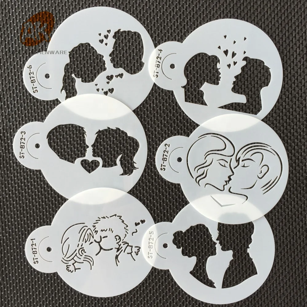 

AK 6pcs Kiss Lovers Cookie Stencils Set Plastic Painting Stencil Template PET Wedding Cake Stencils for Valentine's Day ST-872