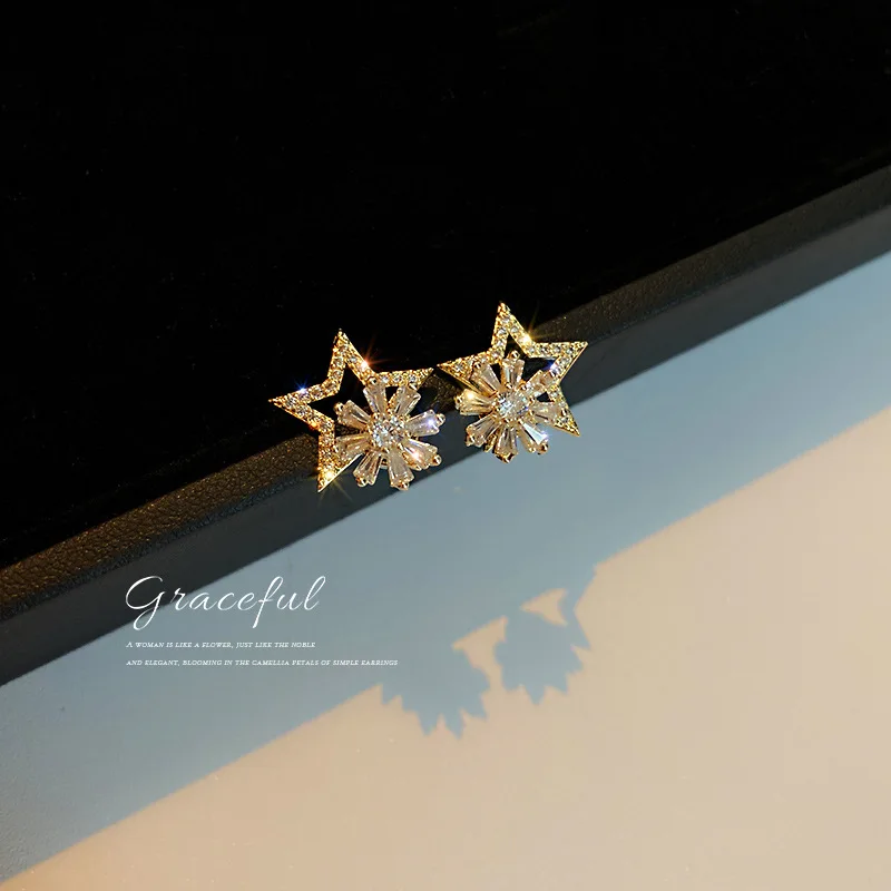 

real gold plated trendy crystal star earrings gold