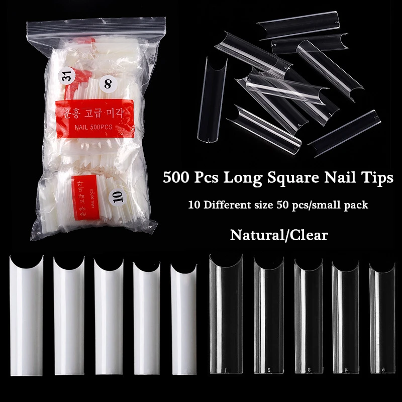 

500 Pcs/Bag Long Square Nail Art Tip Curved C Shape Natural Clear Color False Nails Manicure Tools