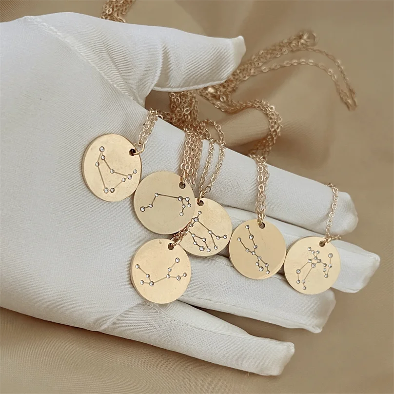 

Trendy Hot Sale Products Zinc Alloy Round Disc Rhinestone Gold Zodiac Sign Pendant Necklace For Women, Picture