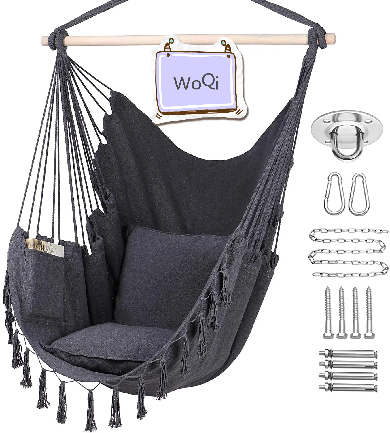 WOQI  Hammock Chair Hanging Rope Swing  Large Macrame Hanging Chair with Pocket Cotton