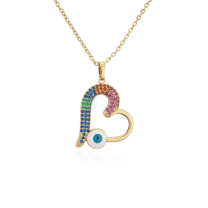 

European American Style Gold Plated Micro CZ Pave Hollow Heart Pendant Necklace Colorful Crystal Evil Eyes Necklaces