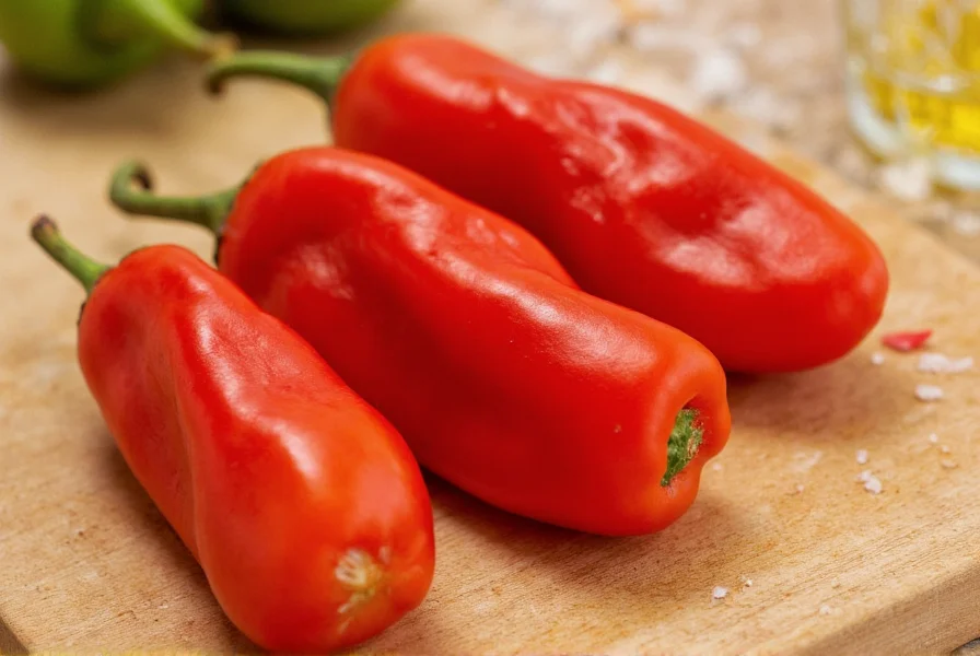 Close-up photograph of fresh shushito peppers on a wooden cutting board with sea salt and olive oil