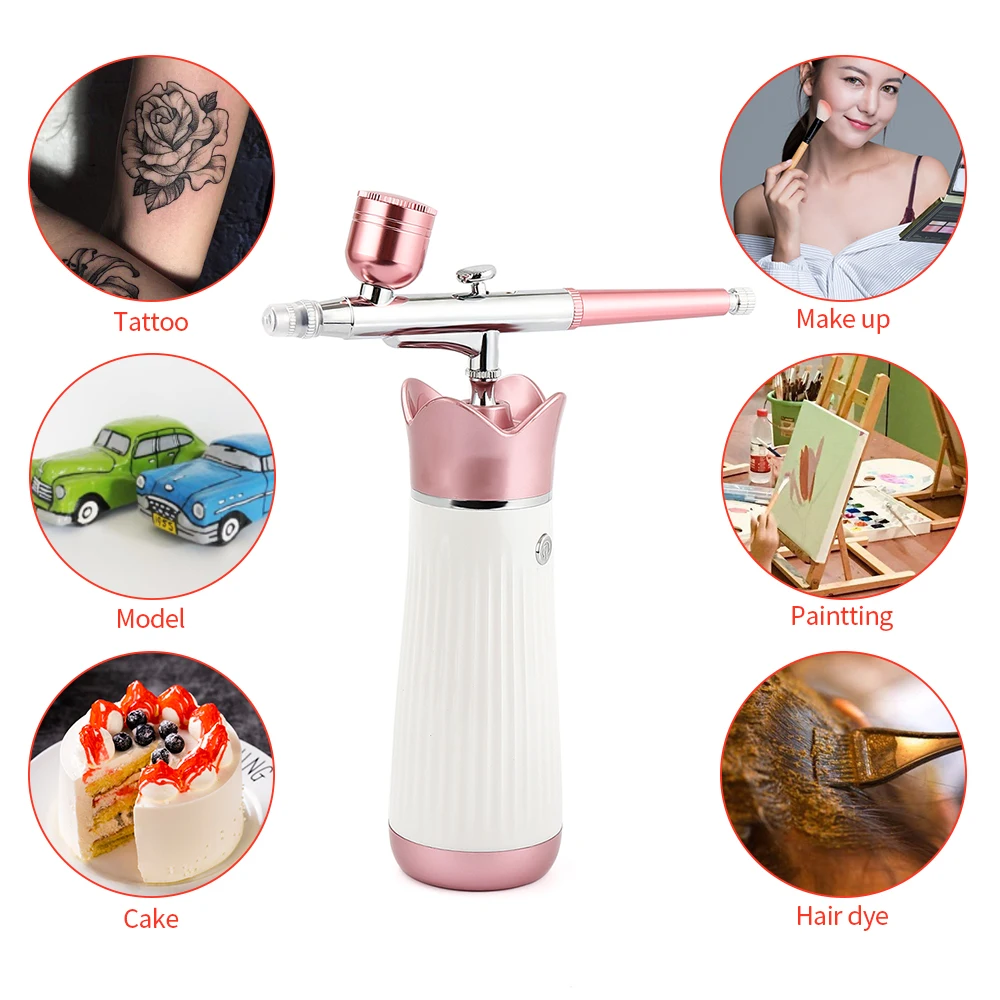 

Dual Action 0.3mm Mini Airbrush with Compressor Hydration Oxygen Injection Airbrush Makeup Tool For Art Nail Paint Cake Tattoo, White&pink