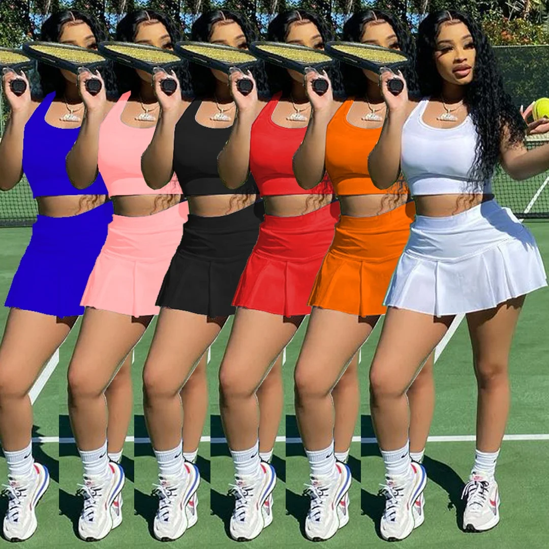 

2021 Summer New Fashion 2 Pieces Skirts Set Tennis Skirts Track Suit Woman Sleeveless Short Tennis Skirt Set Pleated For women, Picture color