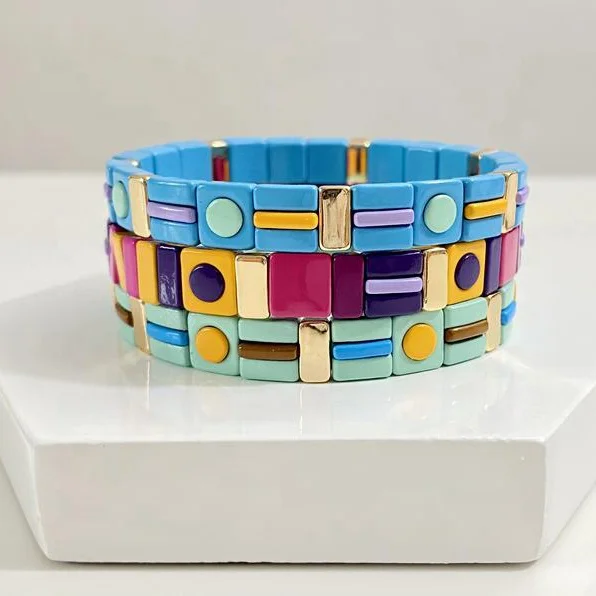 

Boho Highlight Mix Color Block Tile Tila Enamel Beads Bracelet
