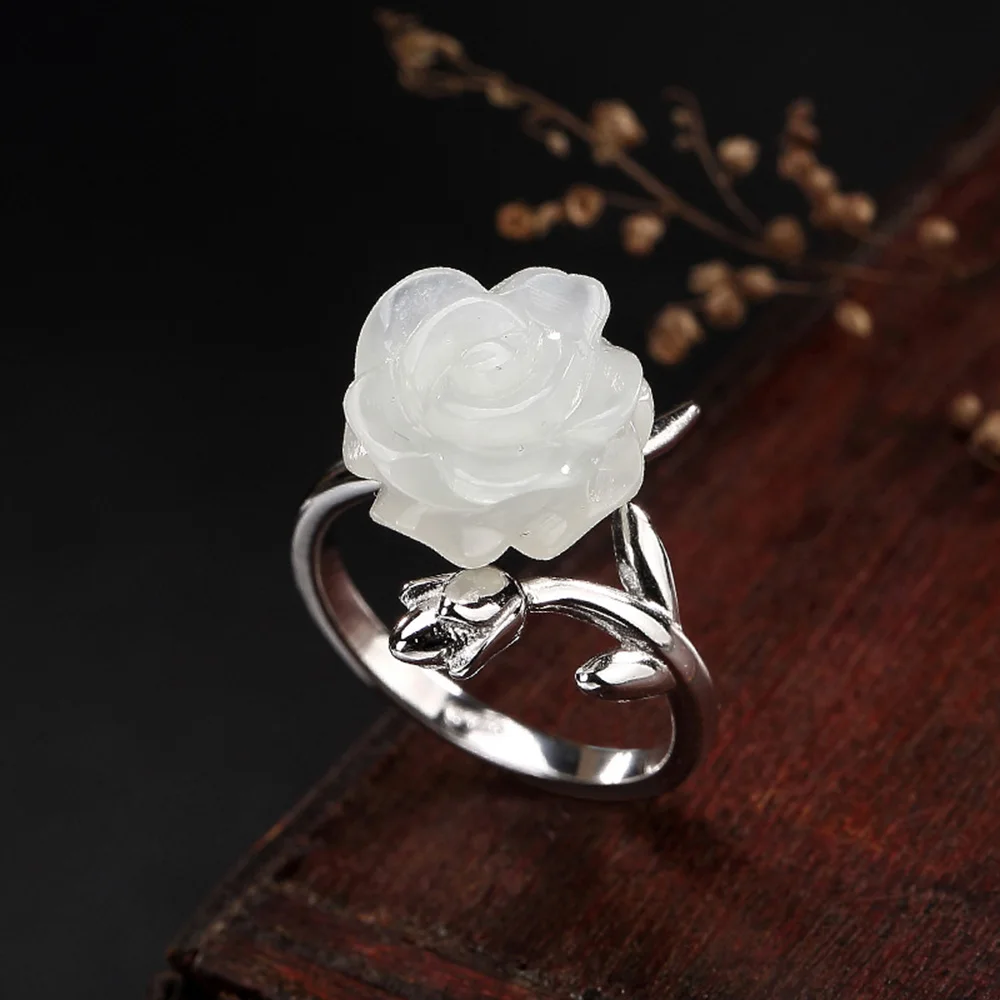 

Real Pure 925 Sterling Silver Jade Rings For Women Elegant Beautiful Flower Rings Adjustable Natural Stone Bijouterie Fine