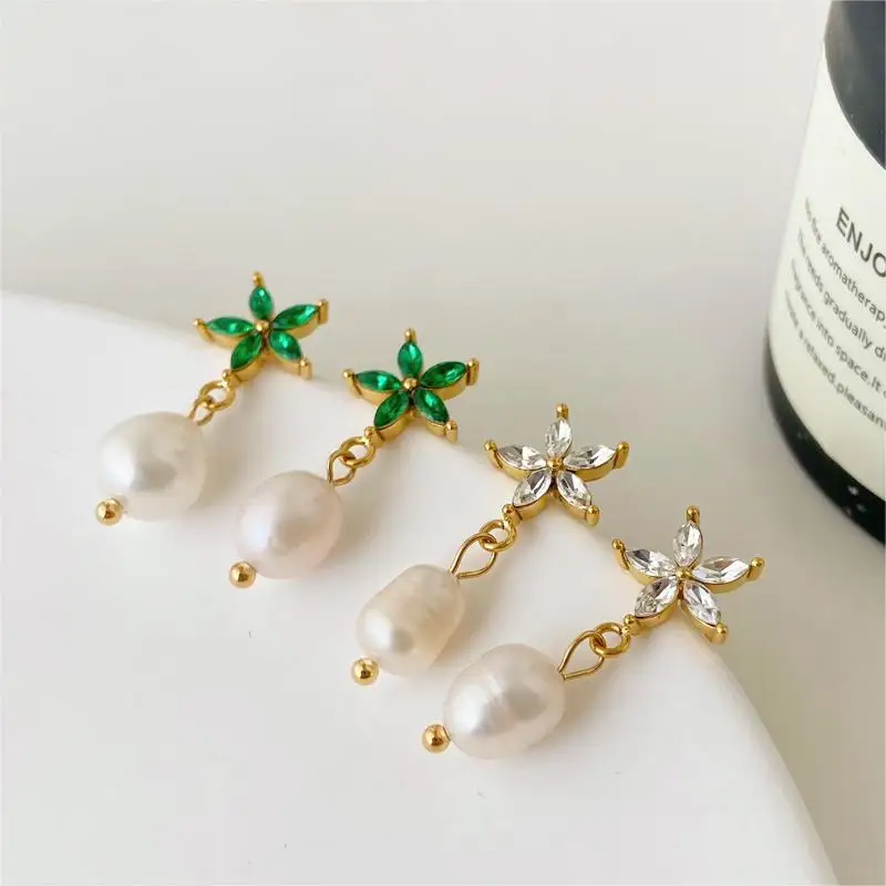

Fashion Pearl Pendant Earrings Jewelry Stainless Steel Gilded Orchid Set with Zircon Freshwater Pearl Earrings