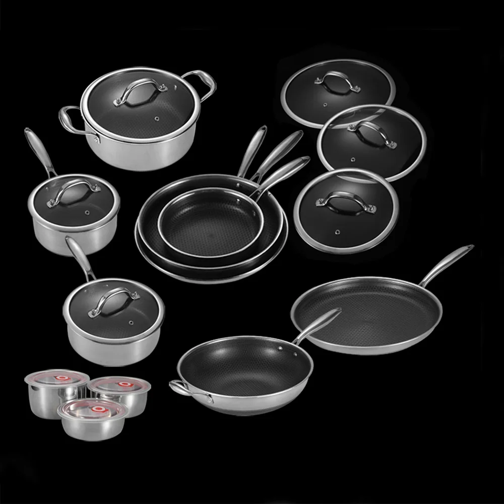 20 Pc Hex Hybrid Cookware Set W/ Lids Non Stick Stainless Steel Wok Hex Kitchenware Clod 3-ply Stainless Steel Honeycomb
