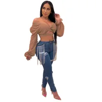 

2019 Ripped Jeans Women Denim Pant Jeans Women Fringe Beading Tassel Denim Jeans