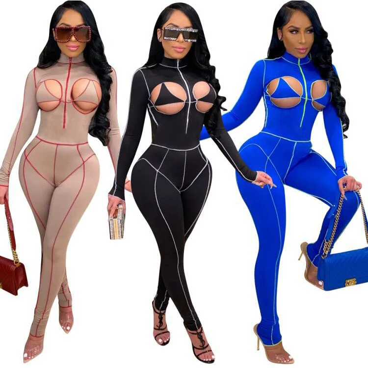 

Wholesale winter sexy chest hollow stand collar fashion sports jogger women jumpsuits, Black/blue/naked
