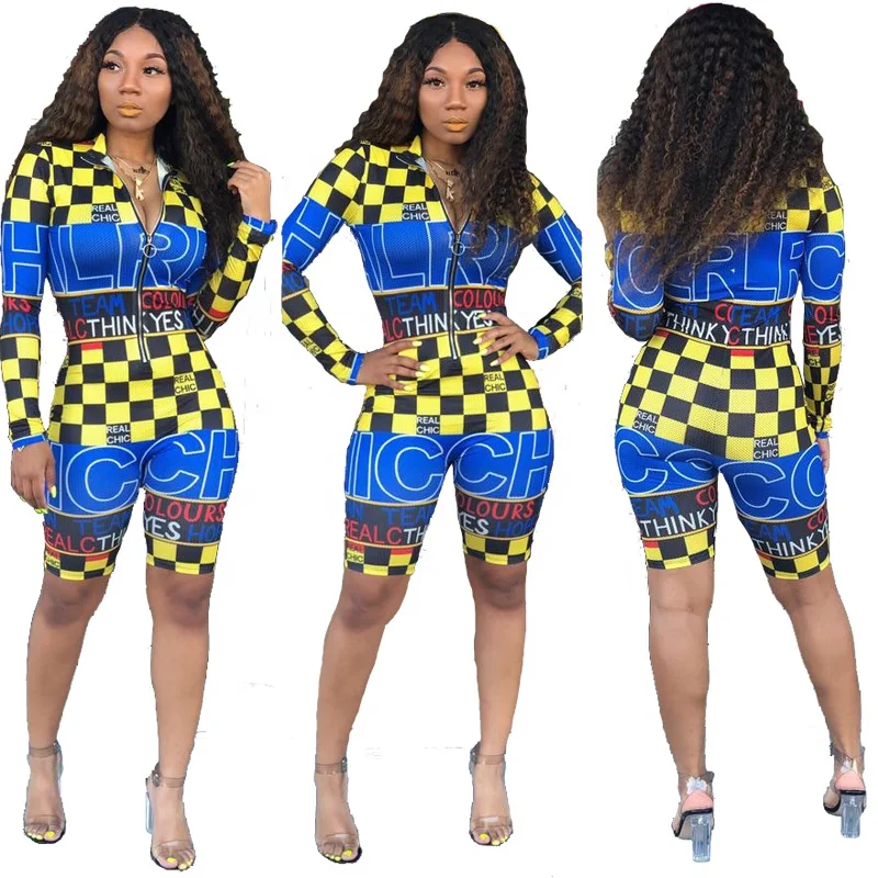 Foreign jumpsuit shorts of women sexy print zipper biker jumpsuit custom printing jumpsuit
