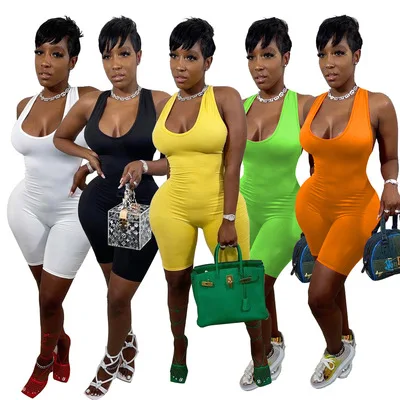 

2021 New Arrivals Women Sexy Backless Cross Shoulders Short Jumpsuit Summer Laides Solid Sleeveless Bodysuit For Women's Romper