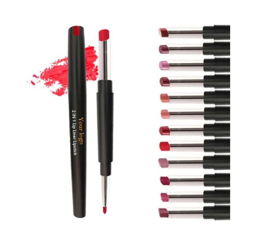 

OMG private label 2n1 lip gloss and lip liner liquid lipsticks pencil lipgloss with lip liner label logo, 12 colors