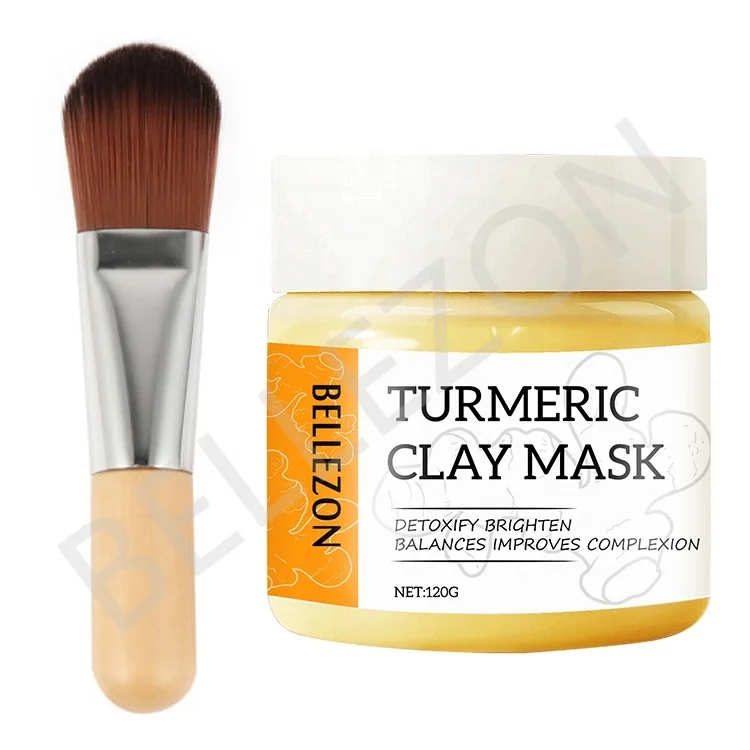 

Private Label Skin Care Brightens Repairs Anti-Aging Turmeric Clay Mud Mask with Brush, Yellow