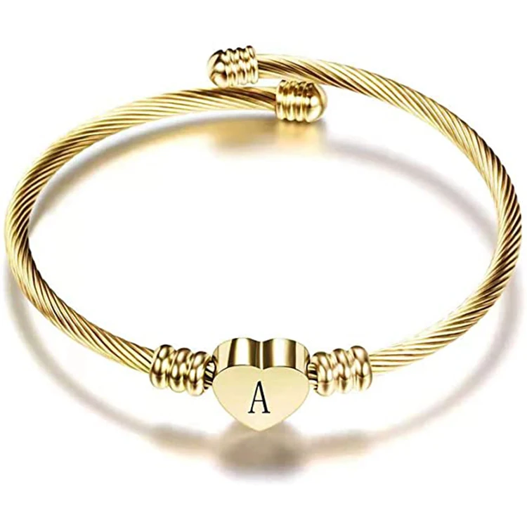 

Women Letter A-Z Initial Bracelet Heart Charm Alphabet Name Stainless Steel Bracelet Cuff Bracelets