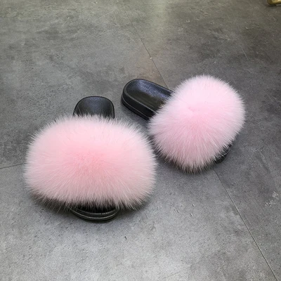 

Custom Women Big Fluffy Fox Fur Slippers Ladies Soft Comfortable Fur Slide Vendors, Customized color