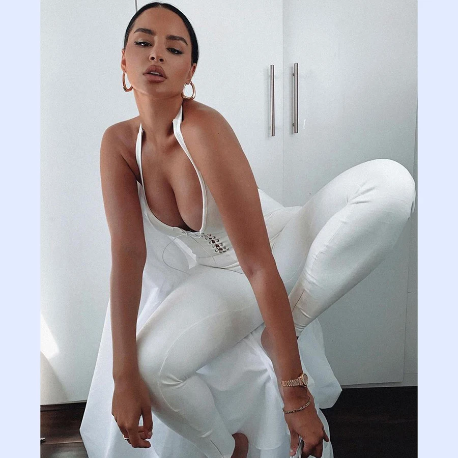 

Kliou bandage hollow out halter women jumpsuit summer 2020 fashion elastic hight backless sexy female outfit sleeveless clothes