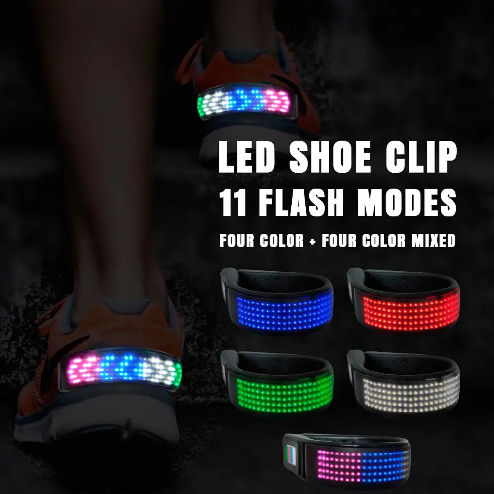 

New arrival night Running Safety Warning Usb Rechargeable Waterproof Screen Luminous Flashing Led Shoe Clip Light, 4 color and 4 color mixing