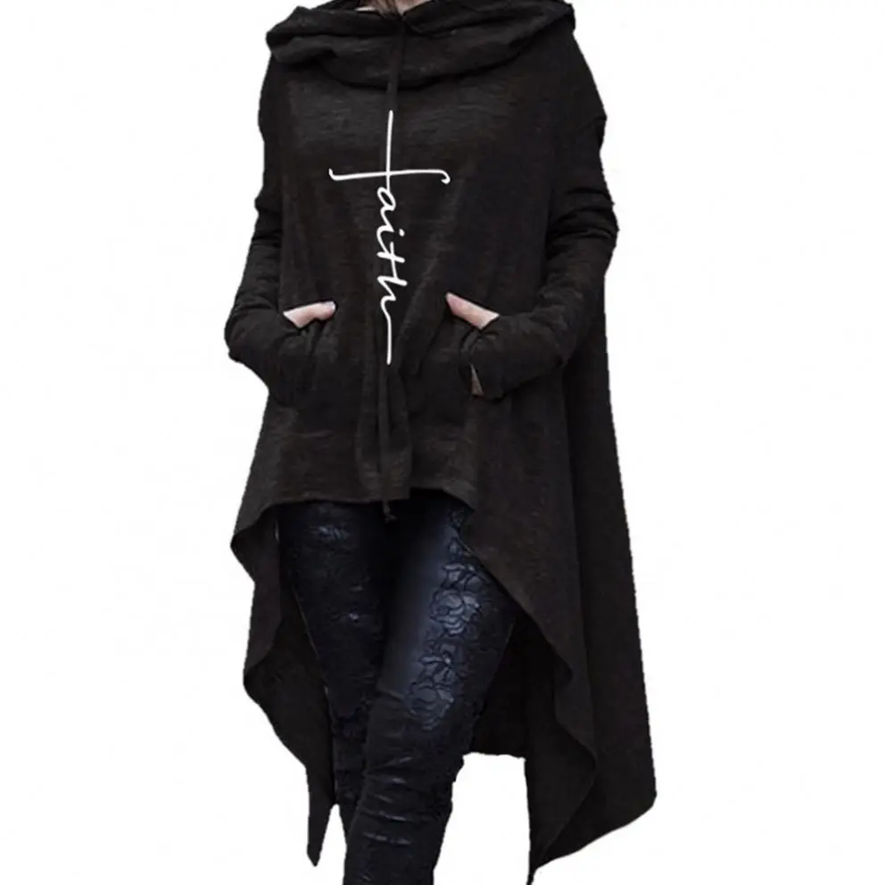 

Faith Print Long Sleeve Loose Casual Pullovers Irregular Hem Long Hoodies Sweatshirt Dress for Women